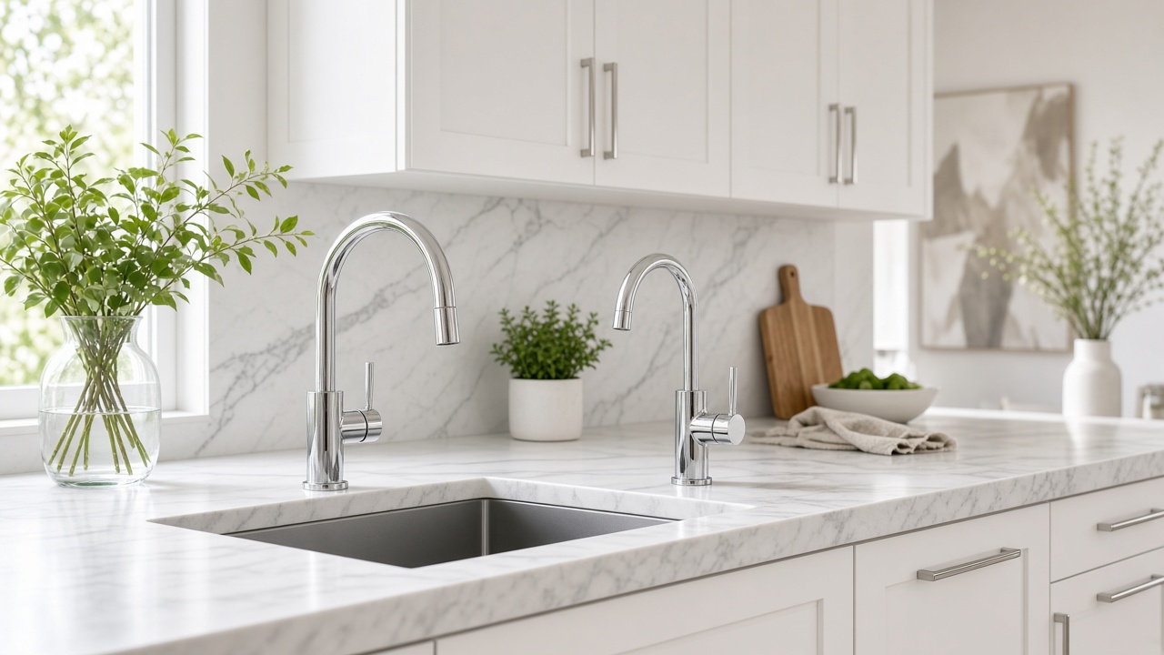 Kitchen sink with a dedicated filter faucet next to the main spout