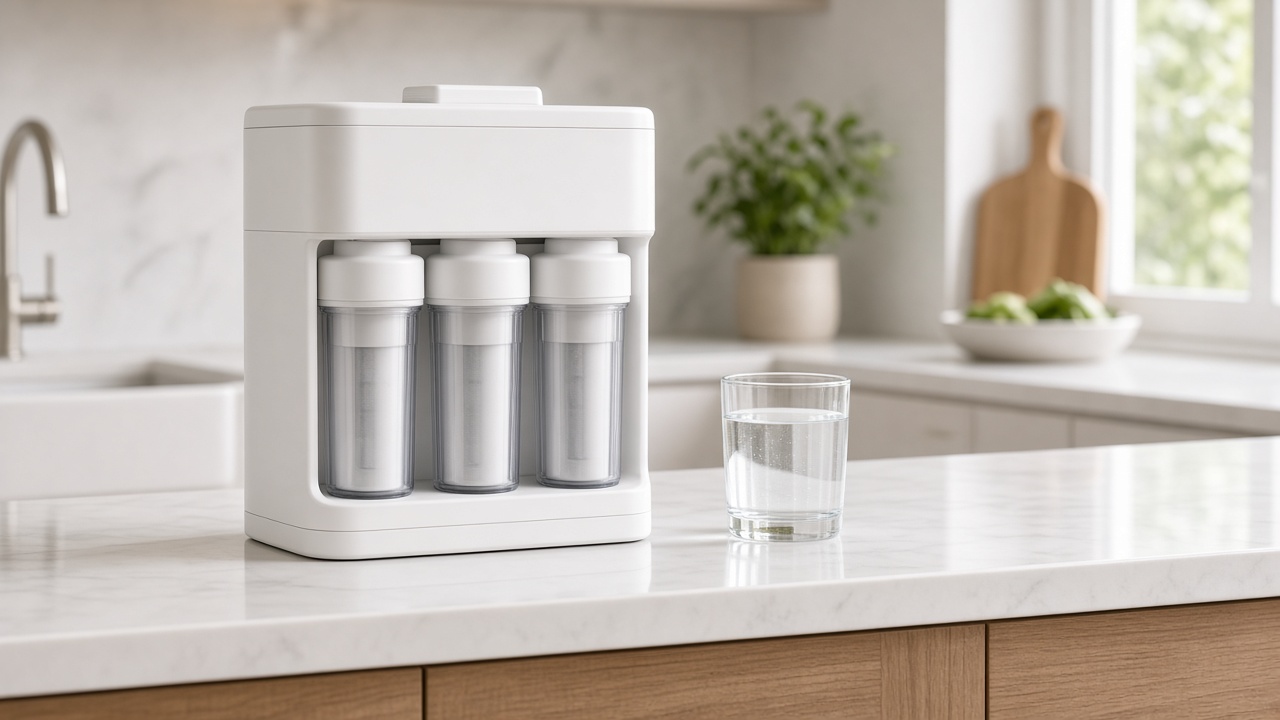 Countertop reverse-osmosis-style water system on a kitchen counter